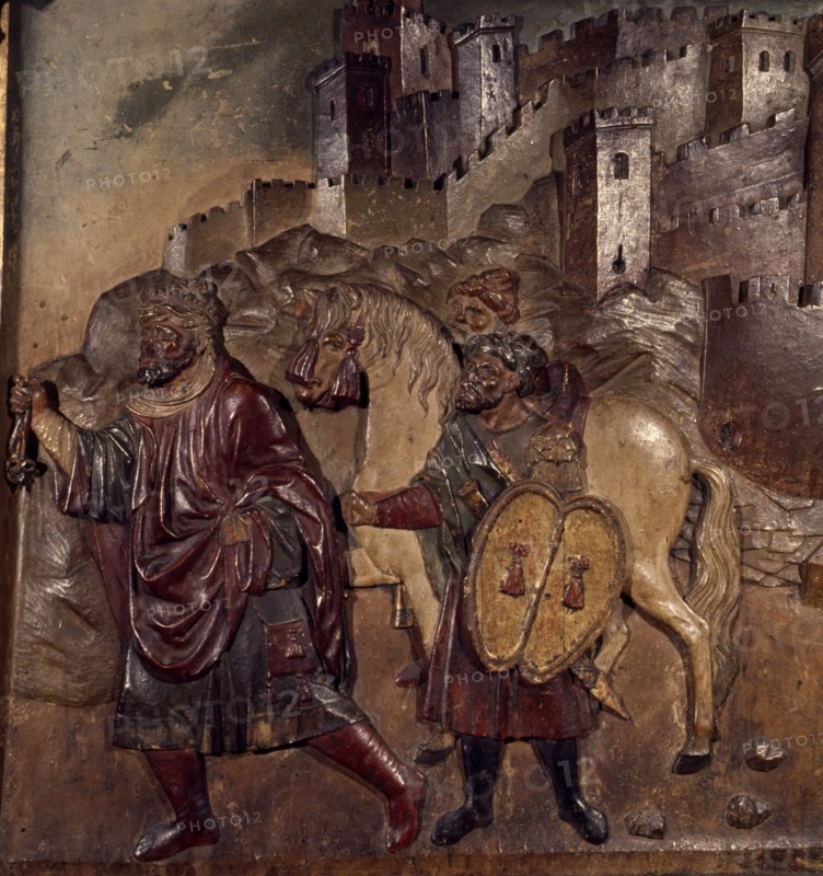 Boabdil leaving the Alhambra, bas-relief of the main altarpiece of the Royal Chapel..., 16th cent. Creator: Bigarny, Felipe (1475-1542).