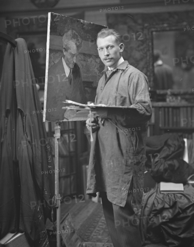 Williamson, J.M., Mr., painting an Arnold Genthe portrait, portrait photograph, not before 1915. Creator: Arnold Genthe.