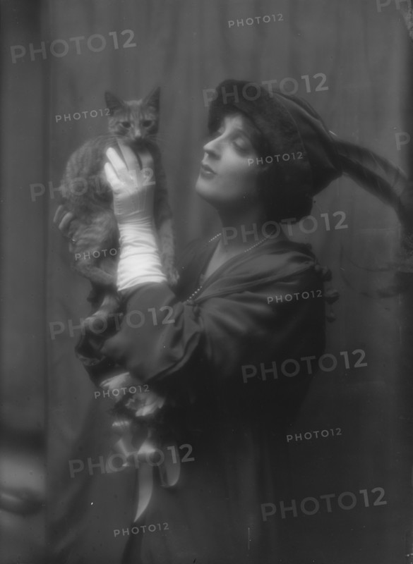 Cowl, Jane, Miss, with Buzzer the cat, portrait photograph, between 1912 and 1914. Creator: Arnold Genthe.