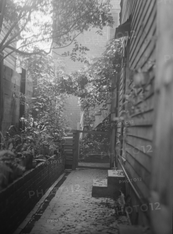 View down narrow outdoor passageway, New Orleans or Charleston, South Carolina, c1920-1926. Creator: Arnold Genthe.