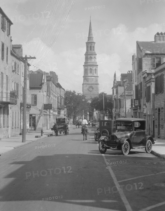 View down street to St. Philip's Church, Charleston, South Carolina, between 1920 and 1926. Creator: Arnold Genthe.