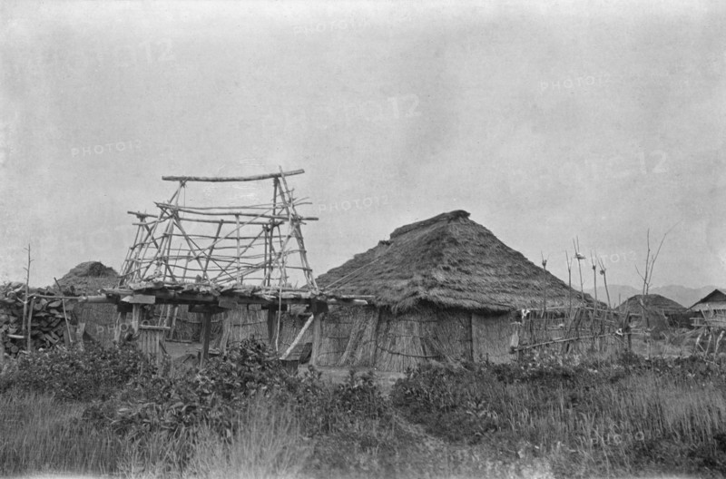 View of Ainu village, 1908. Creator: Arnold Genthe.