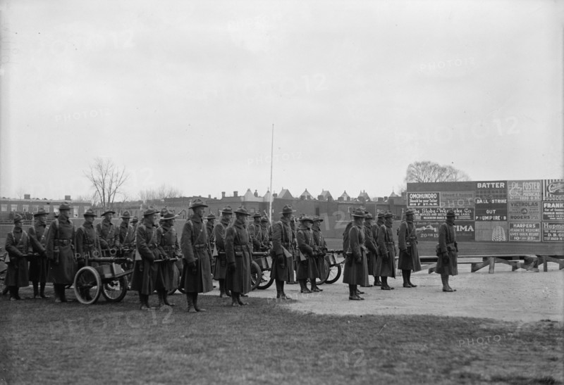Marine Corps, U.S.N. Machine Gun Unit Demonstration at Ball Park, 1917. Creator: Harris & Ewing.
