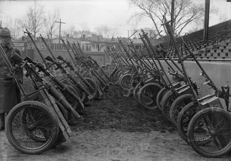 Marine Corps, U.S.N. Machine Gun Unit Demonstration at Ball Park, 1917. Creator: Harris & Ewing.