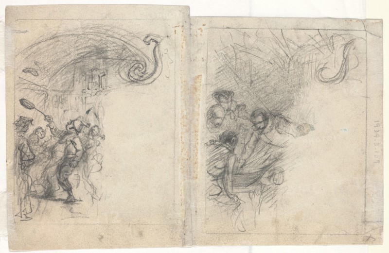 Chef Tossing Pancakes and Group of Four Men [verso]. Creator: Felix Octavius Carr Darley.