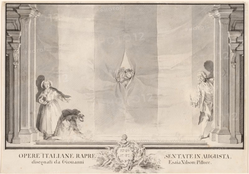 Two Actors Peeking through a Theater Curtain while Others Prepare the Footlights. Creator: Johann Esaias Nilson.