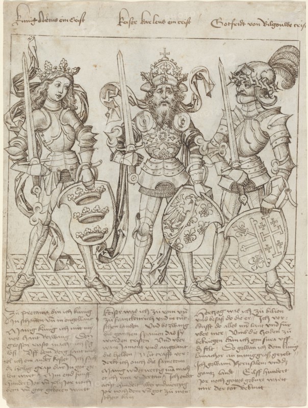 King Arthur, Charlemagne and Godfrey of Boulogne, 1492. Creator: Master of the Strassburg Chronicle.