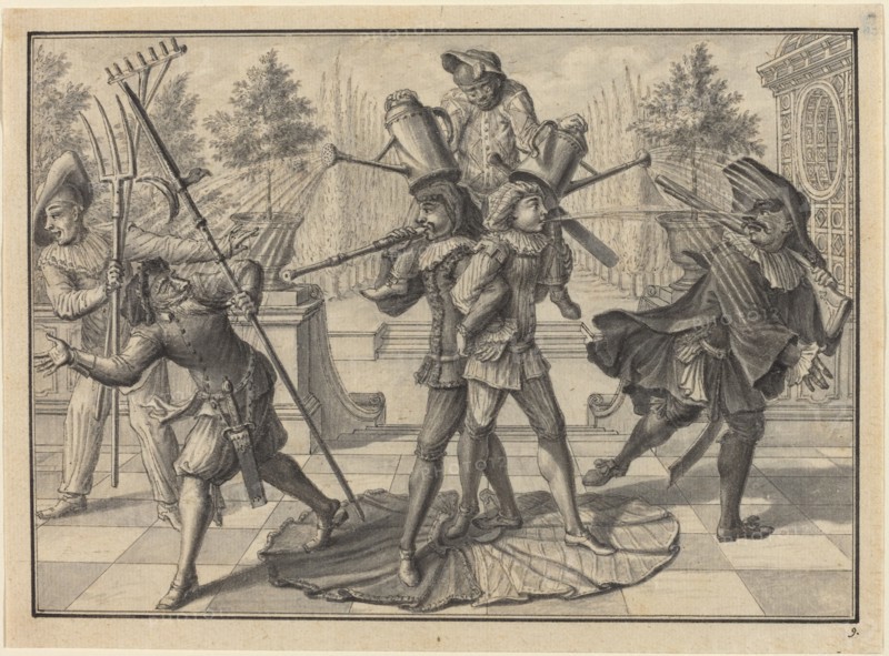 Harlequin and Scaramouche Create a "Fountain", 1729. Creator: Johann Jakob Schübler.