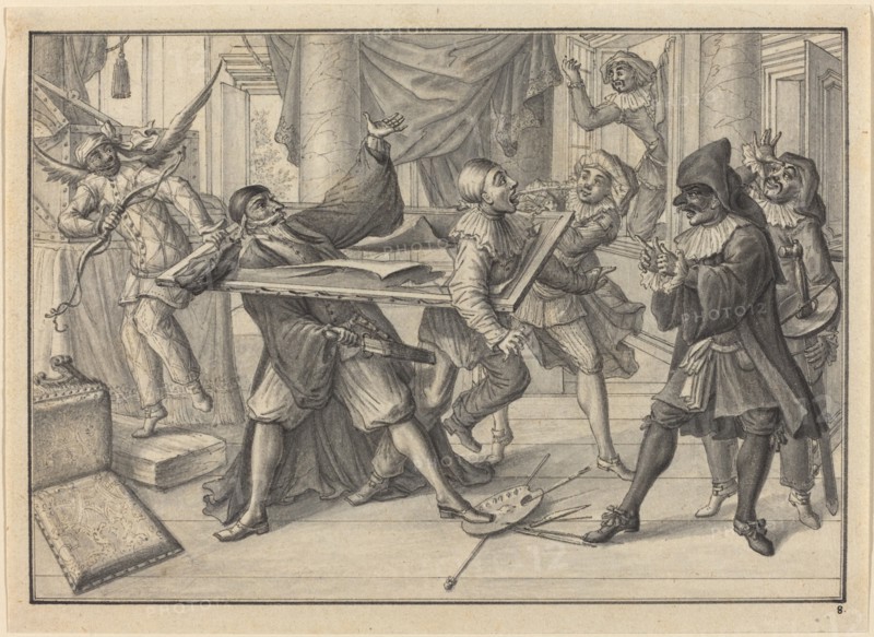 Mezzetin and Harlequin Use the Picture Frame to Catch Pantaloon and Pierrot, c. 1729. Creator: Johann Jakob Schübler.