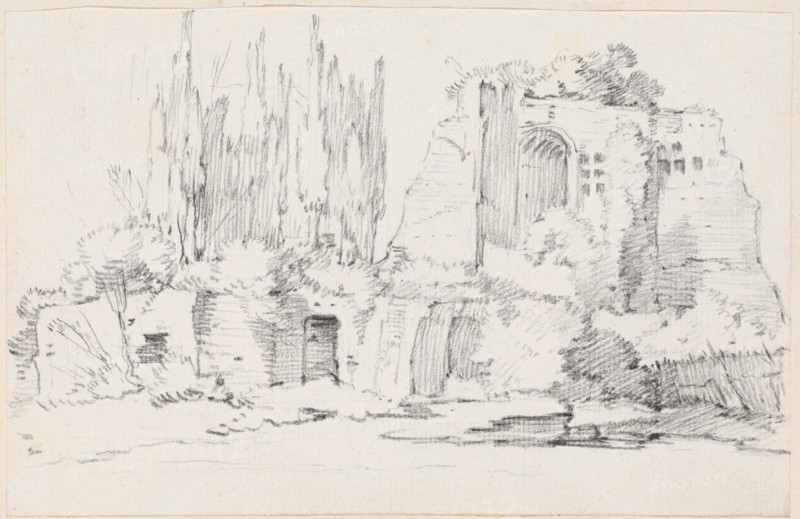 Roman Ruins with a Stand of Cypresses, 1744/1750. Creator: Joseph-Marie Vien the Elder.