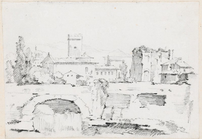 An Italian Town with a Stone Bridge and a Waterfall, 1744/1750. Creator: Joseph-Marie Vien the Elder.