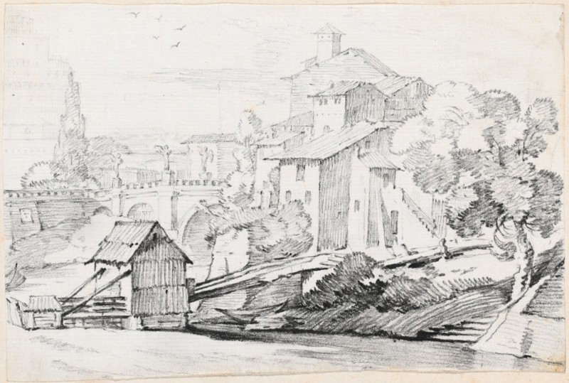 The Ponte Sant'Angelo and Houses on the East Bank of the Tiber, 1744/1750. Creator: Joseph-Marie Vien the Elder.