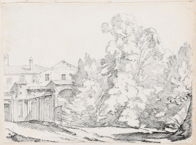 Trees Screening a House Built on Ancient Ruins, 1744/1750. Creator: Joseph-Marie Vien the Elder.