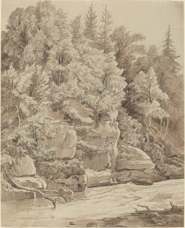 Wooded Cliffs along a Stream, 1840s. Creator: Carl Wagner.