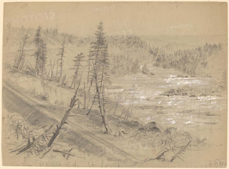 Railroad on the Dalles of the St. Louis, 1882. Creator: Alfred Waud.