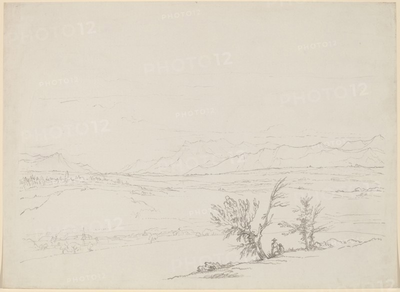 An Alpine Landscape with a Couple Seated by Trees Overlooking a Valley, 1760/1763. Creator: Benjamin West.