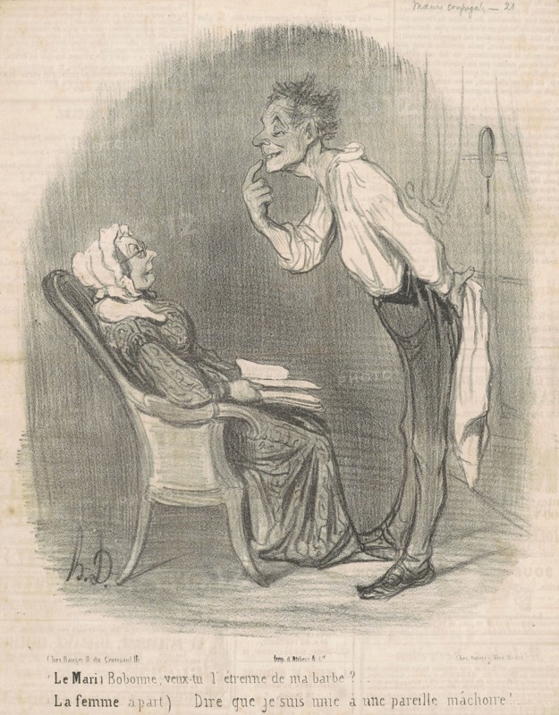 Le mari. Bobonne veux-tu l'étrenne de ma barbe?, 19th century. Creator: Honore Daumier.