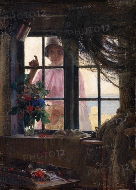 After the Bath. A Young Girl Knocking at the Fisherman's Window, 1884. Creator: Carl Bloch.