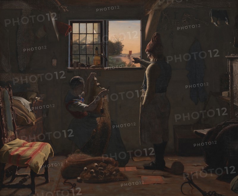 A fisherman shows his daughter a boat sailing away, 1854. Creator: Christen Dalsgaard.