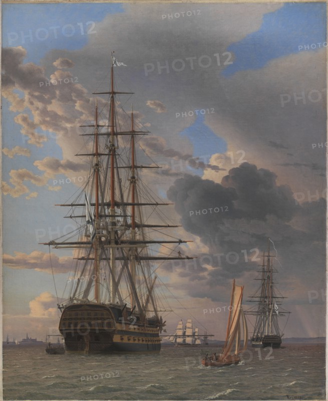 The Russian Ship of the Line "Asow" and a Frigate at Anchor near Elsinore, 1828. Creator: CW Eckersberg.