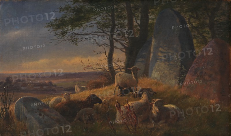 Evening Scene with Sheep on a Mound, 1845. Creator: Johan Thomas Lundbye.