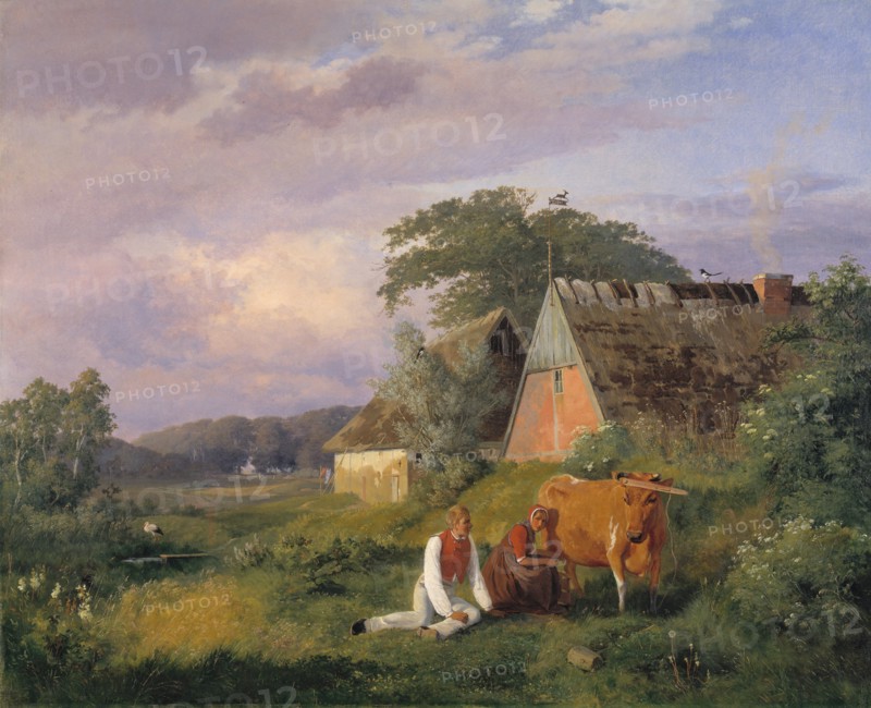 Milking scene. Illustrating a poem by Christian Winther, 1841. Creator: Johan Thomas Lundbye.
