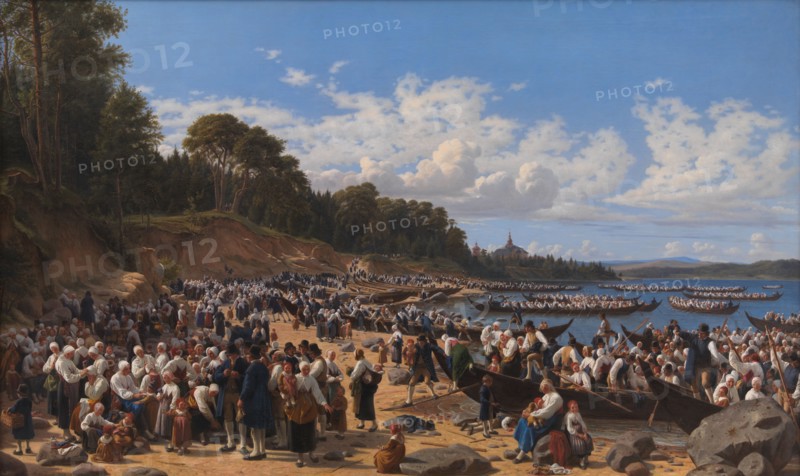 Church-Goers Arriving by Boat at the Parish Church of Leksand on Siljan Lake, Sweden, 1853. Creator: Wilhelm Marstrand.