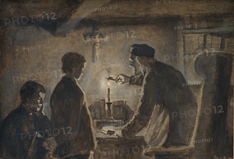 Pastor Sören blows out the candle on the New Year's Eve, 1898-1902. Creator: Hans Smidth.