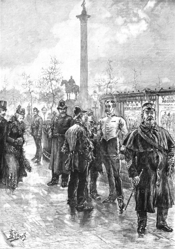 '' Recruiting for the Army outside St. George's Barracks, Trafalgar Square', 1891. Creator: Henri Lanos.