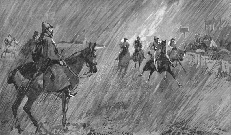 ''The Newmarket October Meeting -- Racing in Wind and Rain; rain on the Course', 1891. Creator: Unknown.