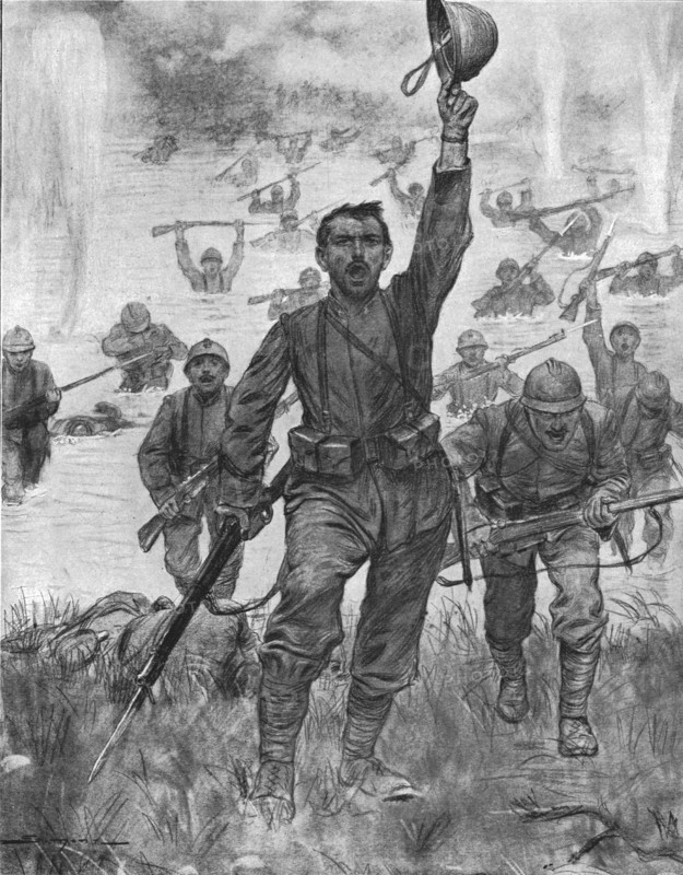 'Le passage a gue de l'Isonzo par l'infanterie Italienne', 1916. Creator: J Simont.