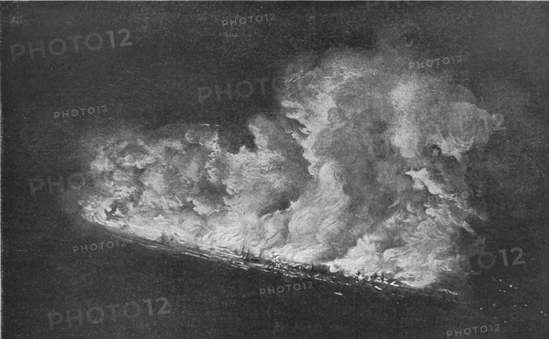 'Le Zeppelin Abattu; Dans la banlieue de Londres; L'incendie du "L21", abattu a Cuffley', 1916. Creator: Unknown.