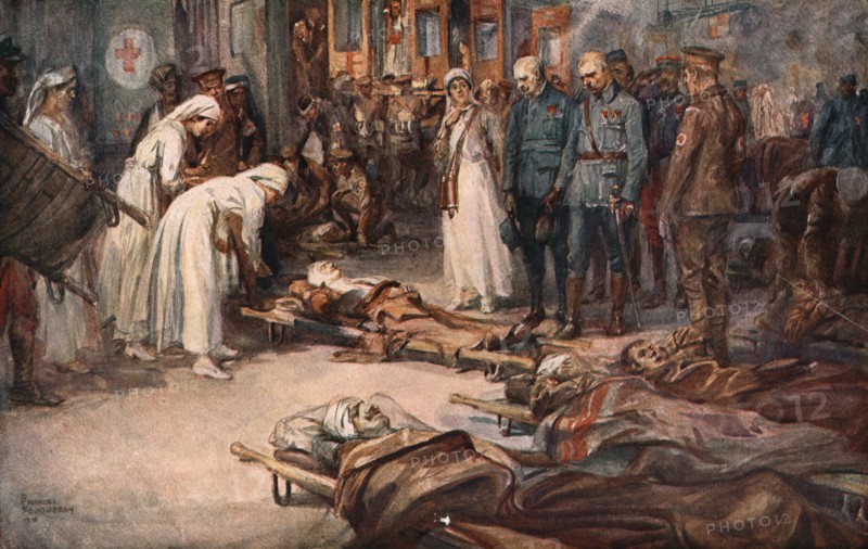 'La bataille de la Somme; derriere le front Franco-Britannique: le salut aux blesses allies', 1916. Creator: Charles Fouqueray.