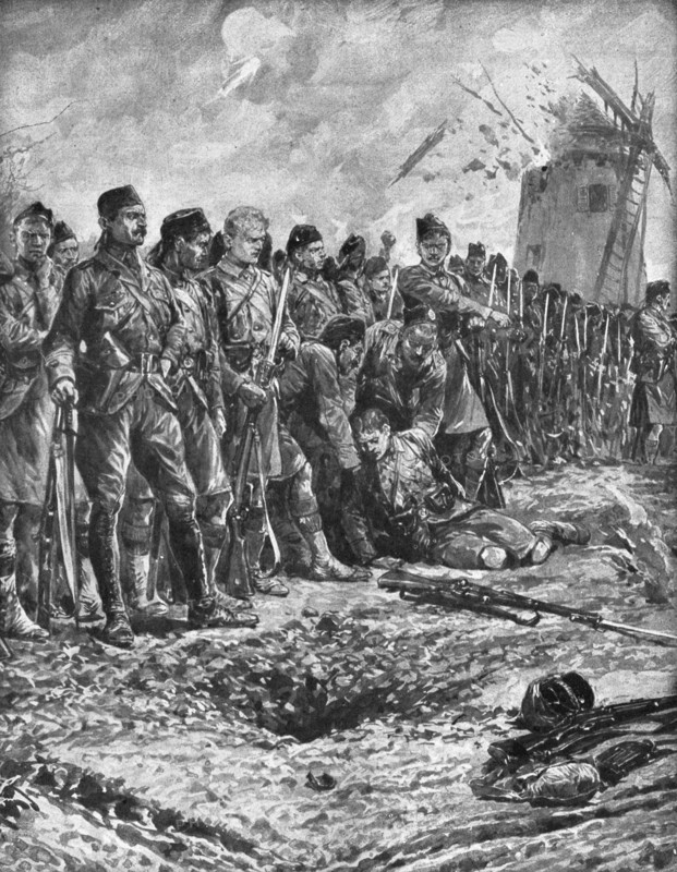 ''La Bataille des Flandres; les "London Scottish" se reforment sous le feu', 1914. Creator: Richard Caton Woodville II.