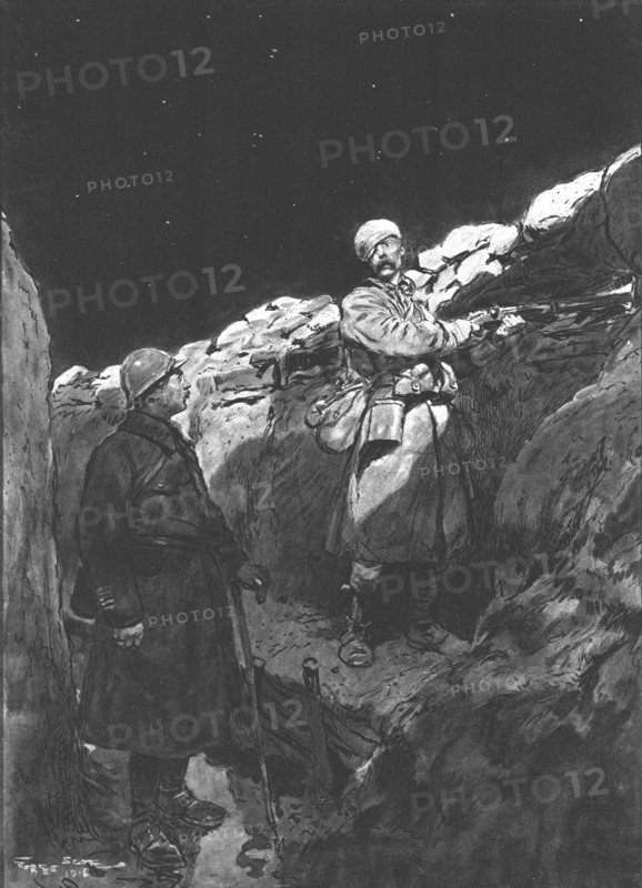 'Les blesse au Creneau; Le Colonel, "inspectant ses tranchees, une nuit d'alerte..., 1916. Creator: Georges Bertin Scott.