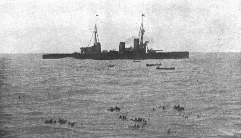 'La Victoire Britannique des Iles Falkland; L' "Inflexible", recueille les survivants'. 1914. Creator: Unknown.