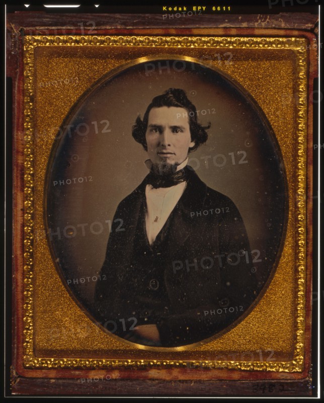 Unidentified man with beard, half-length portrait, facing front, ca. 1855. Creator: Francis Grice.