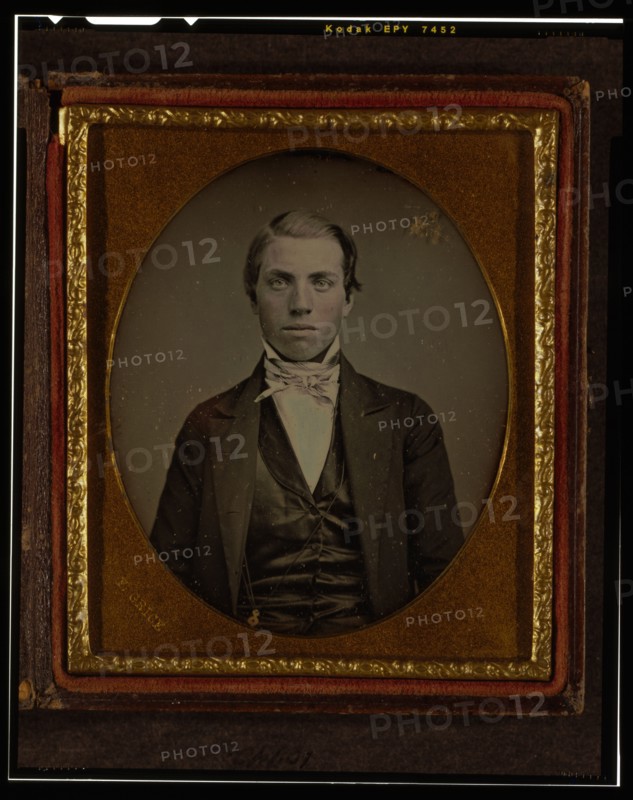 Unidentified man, half-length portrait, facing front, ca. 1855. Creator: Francis Grice.