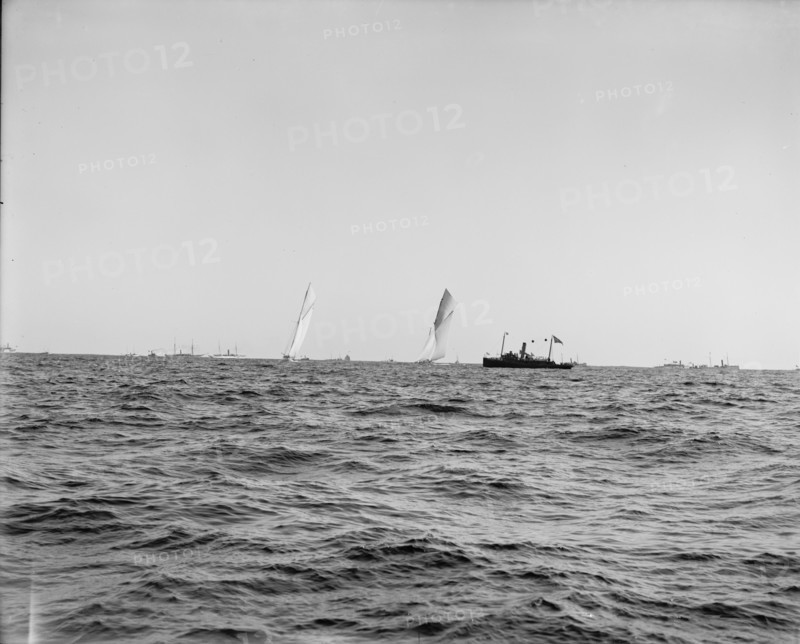 Columbia and Shamrock I, ready for the start, Oct. 7, '99, 1899 Oct 7. Creator: Unknown.