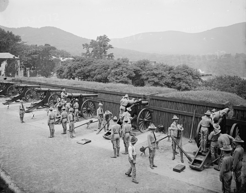 Siege battery drill, fixing sights, West Point, N.Y., c1905. Creator: Unknown.