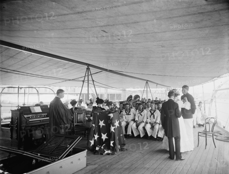 U.S.S. Texas, presentation of cross and badge to Ensign Gherardi by the King's..., Aug. 8, 1897. Creator: Unknown.