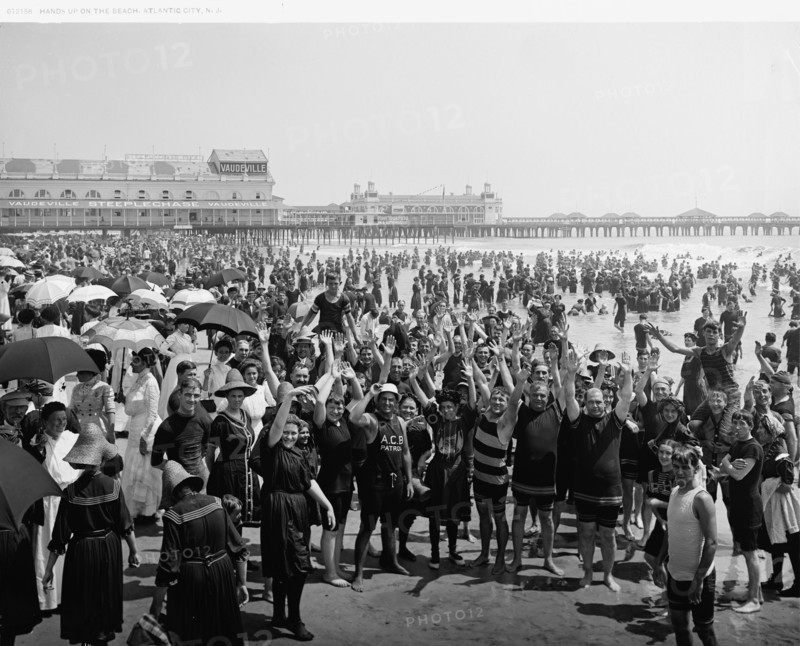 Hands up on the beach at Atlantic City, N.J., between 1900 and 1920. Creator: Unknown.