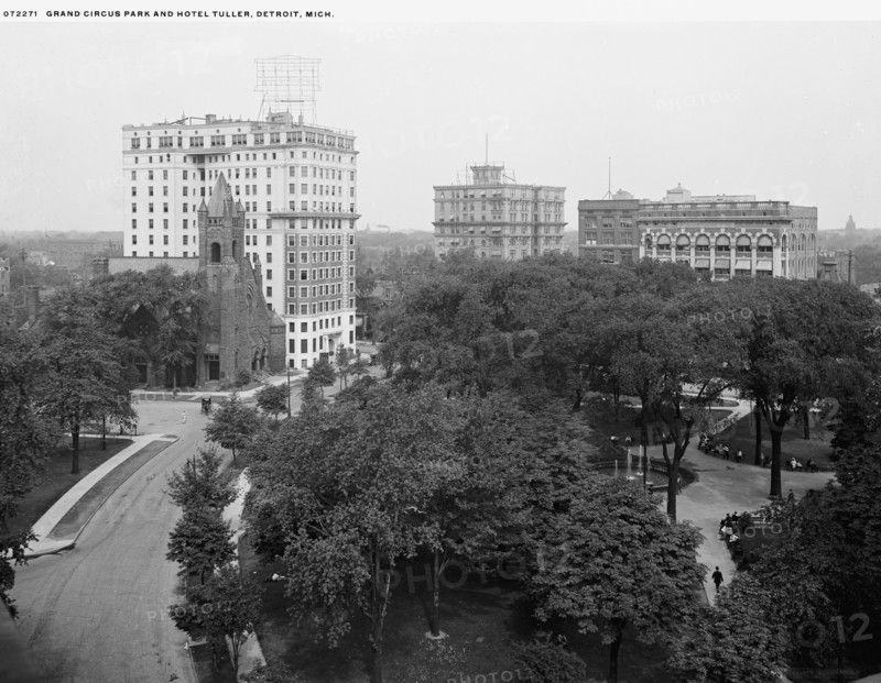 Grand Circus Park and Hotel Tuller, Detroit, Mich., between 1900 and 1920. Creator: Unknown.