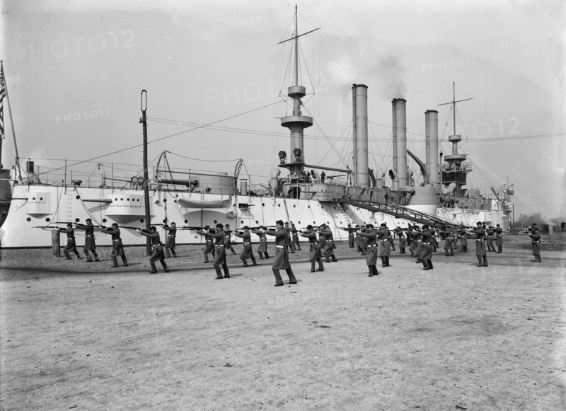 U.S.S. Brooklyn, Marine guard bayonet drill, (1897?). Creator: Unknown.