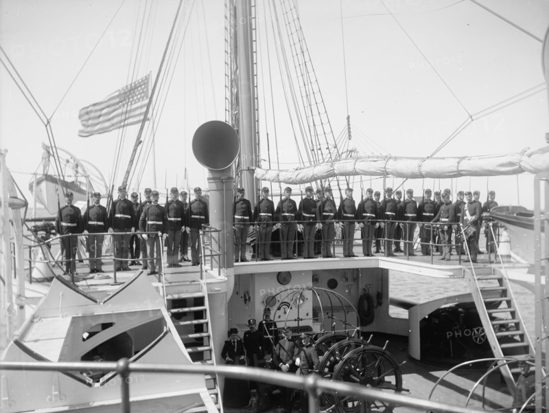 U.S.S. Newark, marine guard parading on quarter deck, between 1891 and 1901. Creator: Unknown.