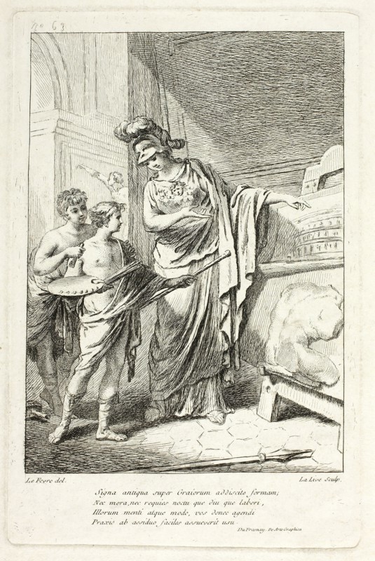Minerva Teaching a Young Artist, illustration for the Catalogue historique du Cabinet by Mariette. Creator: Ange-Laurent de La Live de Jully.