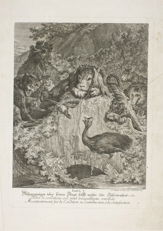Fable V, plate five from Lehrreiche Fabeln aus dem Reiche der Theire, 1743. Creator: Johann Elias Ridinger.