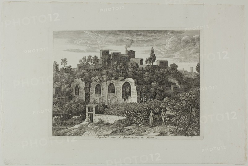 Aqueduct Below the Monastery of St. Bonaventura in Rome, plate ten from Die Römische..., 1810. Creator: Joseph Anton Koch.