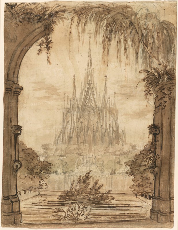 Gothic Cathedral Behind a Pond with Swans, 1810/15. Creator: Karl Friedrich Schinkel.
