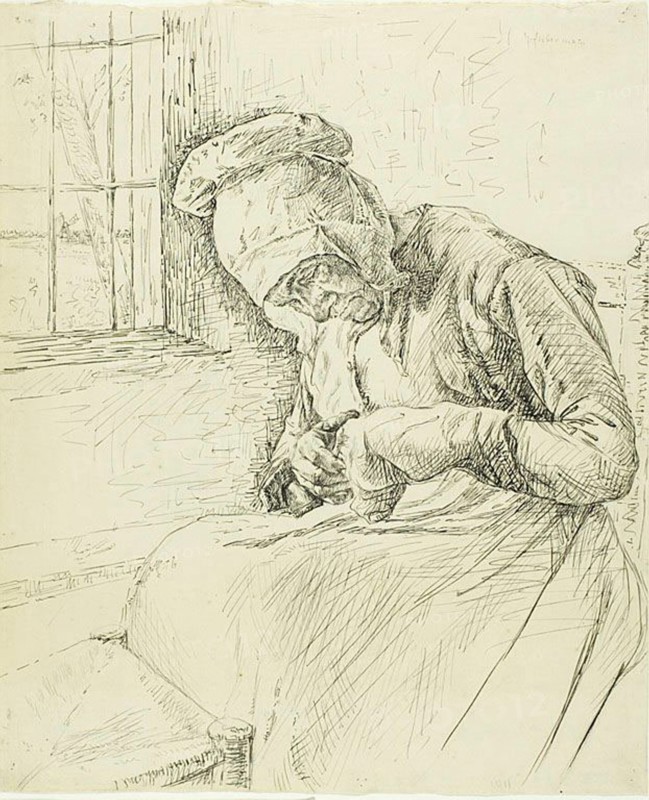 Old Woman Mending at the Window, 1881. Creator: Max Liebermann.